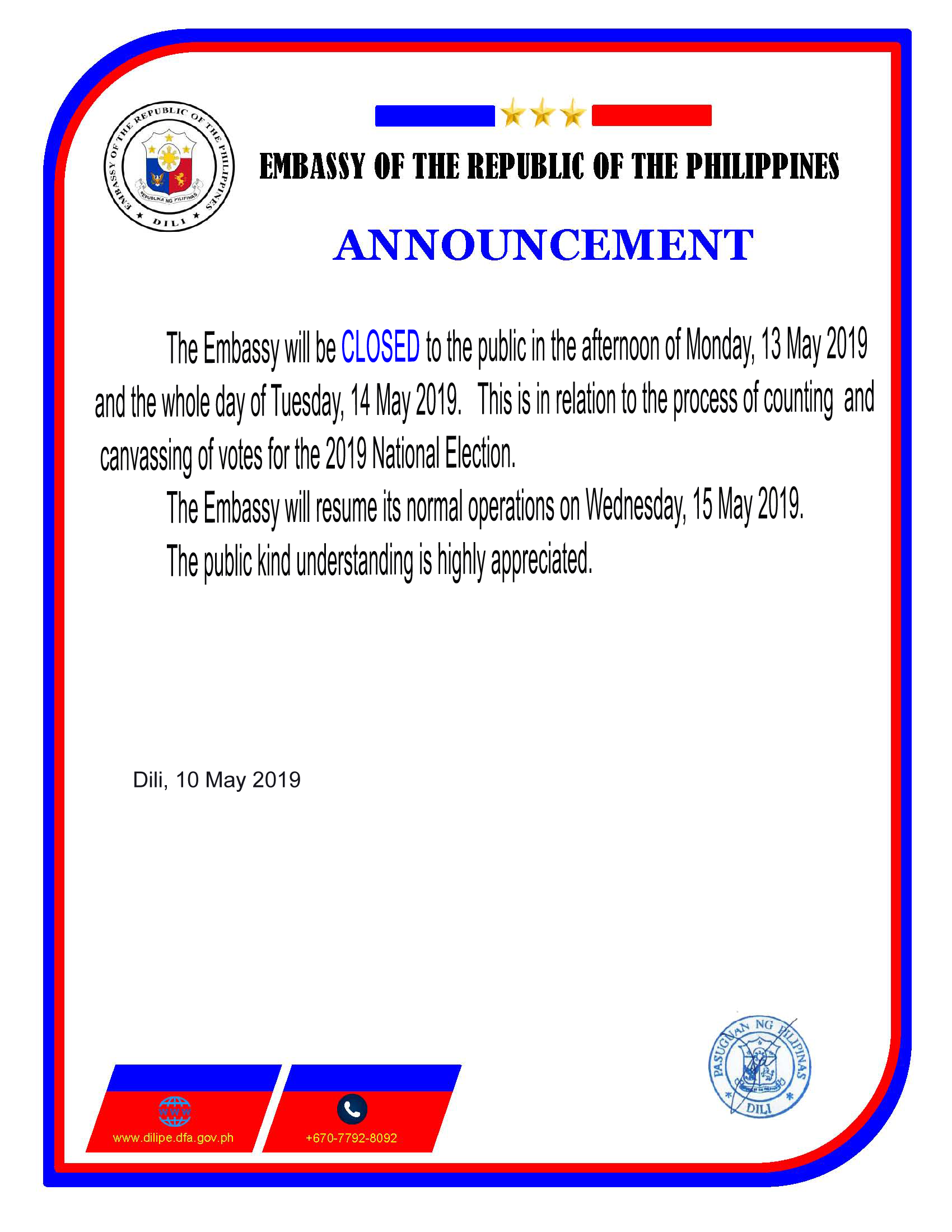 Notice of Closed for operation 14 may 2019